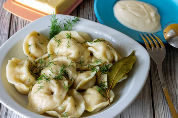 Boiled dumplings with meat on a plate. Close-up.