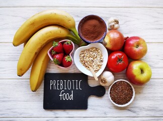 Assortment of foods high in prebiotics for healthy gut and digestive system. Prebiotics rich foods...