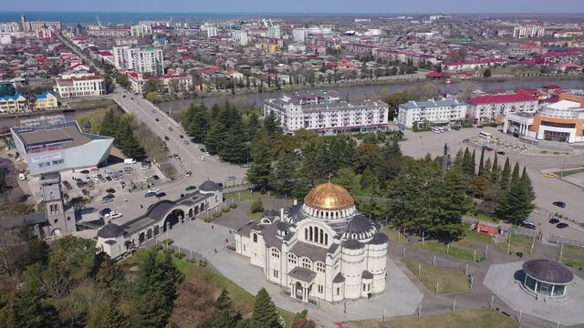 Panoramic view of Poti center with Cathedral and river Rioni, Samegrelo-Zemo Svaneti region of Georgia
