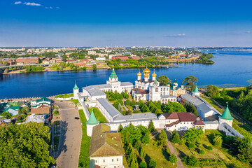Aerial drone view of the Orthodox Holy Trinity Ipatievsky monastery during summer with Volga river in Kostroma, Russia.