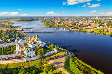 Aerial drone view of the Orthodox Holy Trinity Ipatievsky monastery during summer with Volga river...