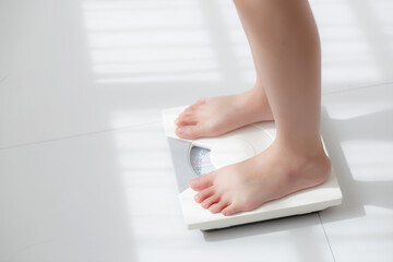 Lifestyle with leg of woman stand measuring weight scale for diet with barefoot, closeup foot of...
