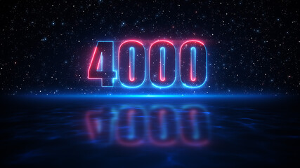 Futuristic Red And Blue Number 4000 Display Neon Sign On Dark Blue Starry Sky Of The Space And Light Reflection On Water Surface Floor - obrazy, fototapety, plakaty