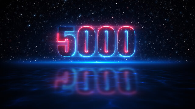Futuristic Red And Blue Number 5000 Display Neon Sign On Dark Blue Starry Sky Of The Space And Light Reflection On Water Surface Floor
