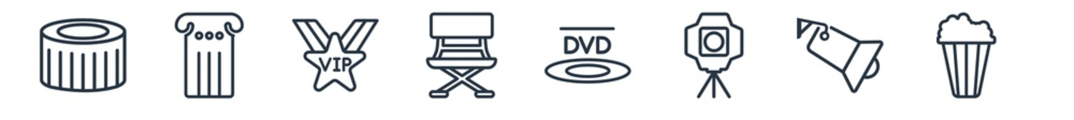 linear set of cinema outline icons. line vector icons such as zoetrope, theatre pillar, vip person, director film chair, dvd, popcorn bag vector illustration.