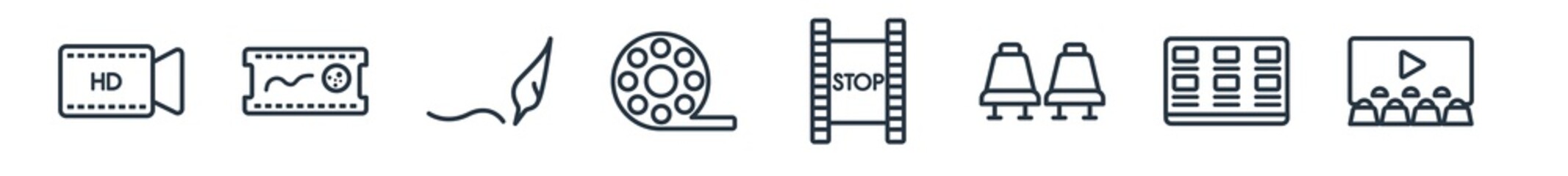 linear set of cinema outline icons. line vector icons such as hd video, animation, author, big film roll, freeze frame, cinema audience vector illustration.