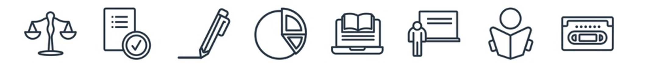 linear set of education outline icons. line vector icons such as law, check list, pen, pie chart, ebook, old school vector illustration.