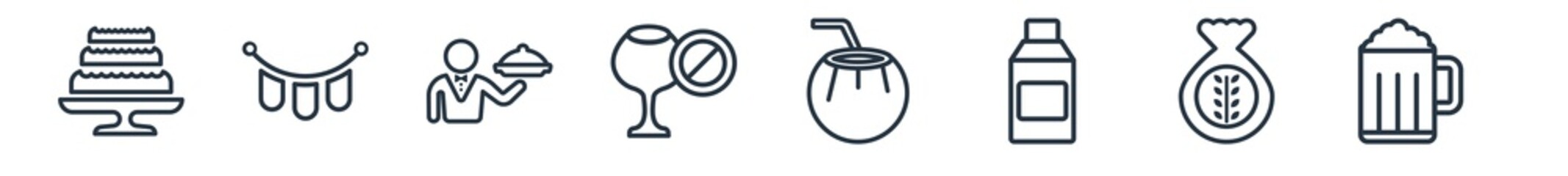 linear set of food outline icons. line vector icons such as celebration cake, congratulations, waiter with a roast chicken, no drinking, drink in a coconut, alcoholic vector illustration.