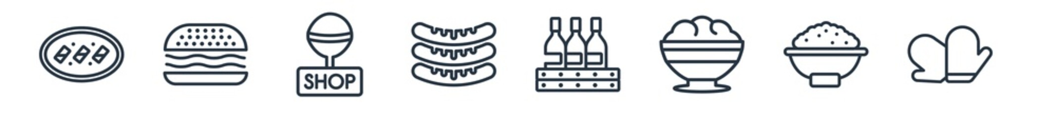 linear set of food outline icons. line vector icons such as popiah, hamburger with bacoon, candy shop, sausages, wine bottles in a box, cooking mitts vector illustration.