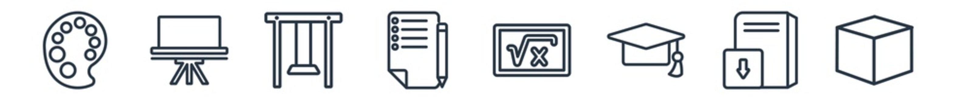 linear set of education outline icons. line vector icons such as paint palette, easel, swinging, exam, square root, cube vector illustration.
