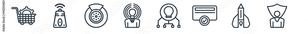Poster linear set of general outline icons. line vector icons such as ecommerce solutions, active sensor, d