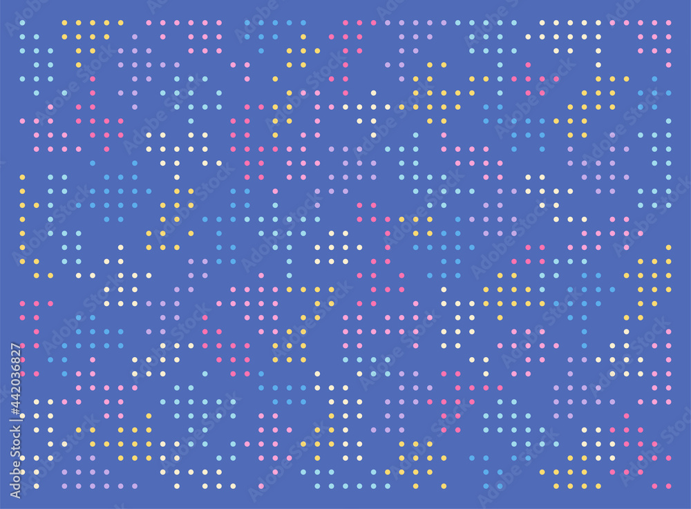 Poster on a dark blue background, dots of various colors create an abstract pattern. simple pattern design 