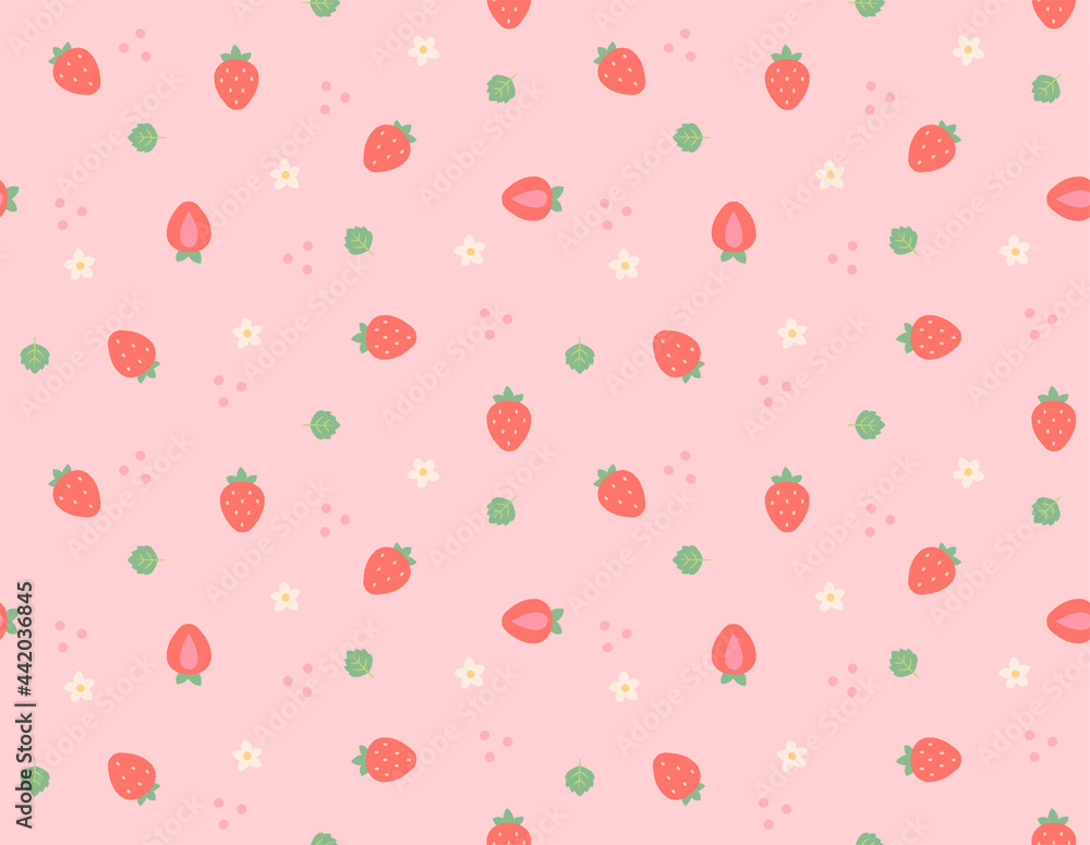 Leinwandbilder a pattern background with small and cute strawberries and flowers and leaves arranged randomly. simp