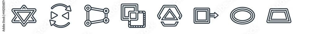 Poster linear set of geometry outline icons. line vector icons such as sri yantra, reflection, distort, exc