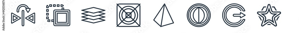 Poster linear set of geometry outline icons. line vector icons such as mirror horizontally, foreground, til