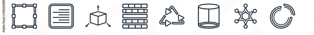Poster linear set of geometry outline icons. line vector icons such as bounding box, right alignment, persp