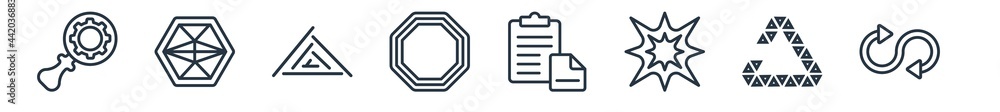Poster linear set of geometry outline icons. line vector icons such as properties, multiple triangles insid