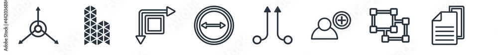 Poster linear set of geometry outline icons. line vector icons such as axis, polygonal buildings of small t