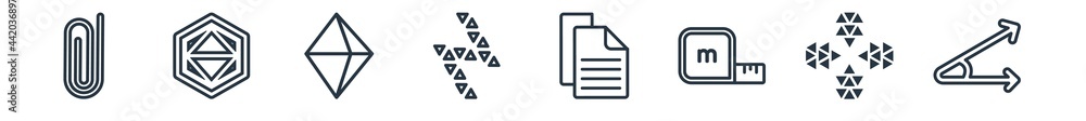 Poster linear set of geometry outline icons. line vector icons such as attach, metatron cube, octahedron, l