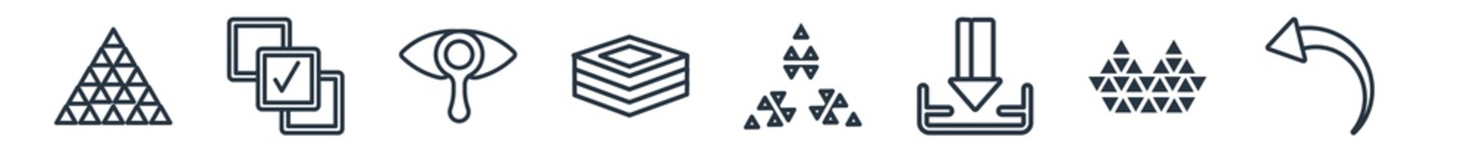 linear set of geometry outline icons. line vector icons such as multiple triangles triangle, select all, preview, layer, polygonal windmill, undo vector illustration.