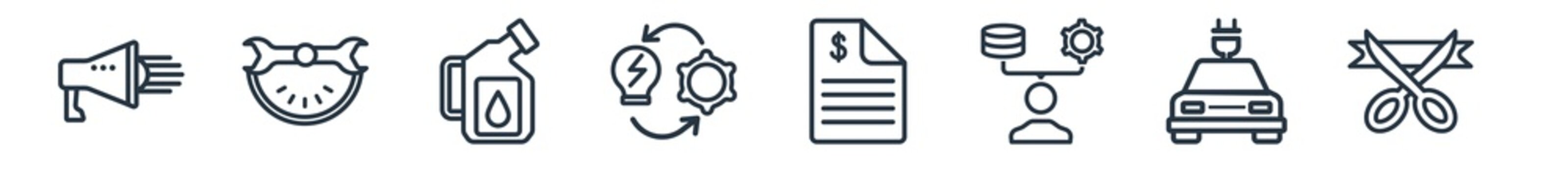 linear set of general outline icons. line vector icons such as agitation, build time, engine oil, implementation, cit report, inauguration vector illustration.