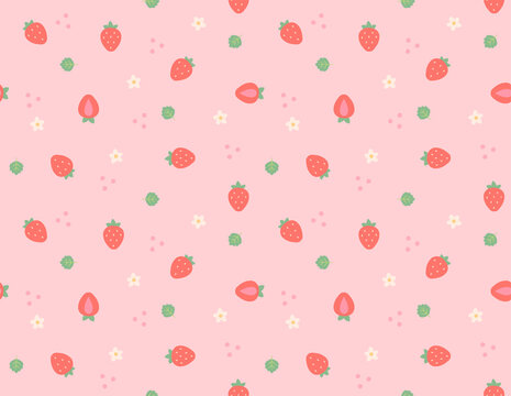 A pattern background with small and cute strawberries and flowers and leaves arranged randomly. Simple pattern design template.