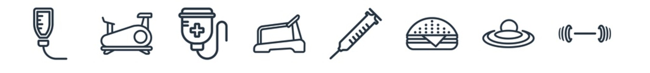 linear set of health outline icons. line vector icons such as medical drip, stationary bike, saline, treadmill, injection, dumbbell vector illustration.