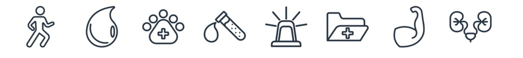 linear set of health and medical outline icons. line vector icons such as running, blood drop, veterinary, blood, emergency, urology vector illustration.