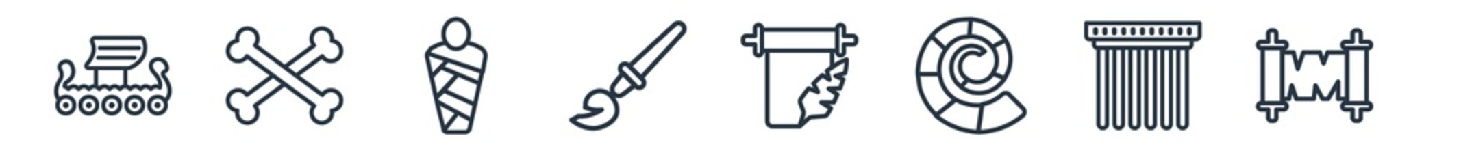 linear set of history outline icons. line vector icons such as viking ship, bones, mummy, brushes, poster, old paper vector illustration.