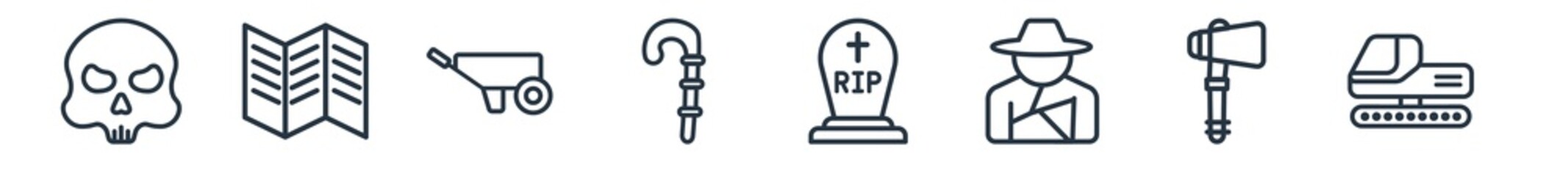 linear set of history outline icons. line vector icons such as skull, trifold, wheelbarrow, staff, tomb, digger vector illustration.