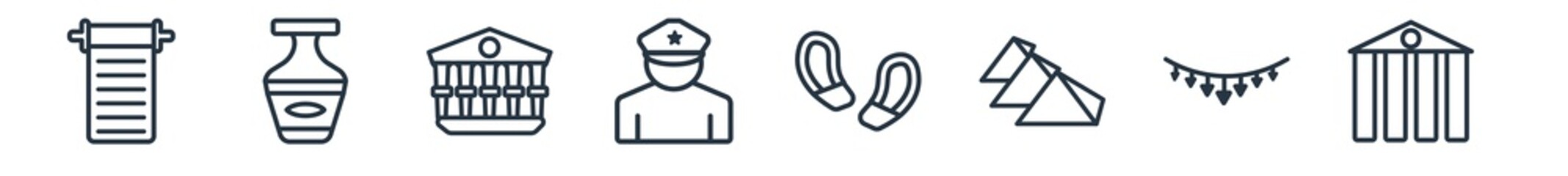 linear set of history outline icons. line vector icons such as paper, vase, museum, policeman, footprint, columns vector illustration.