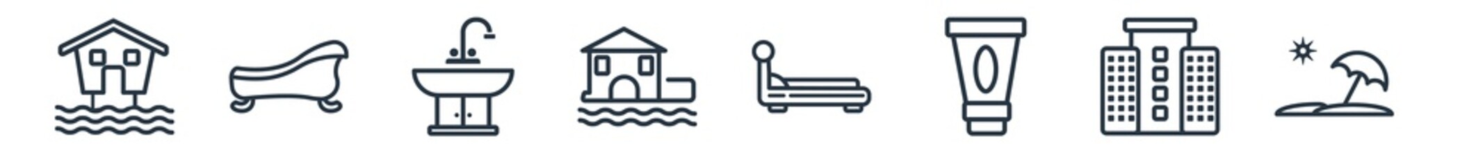 linear set of holidays outline icons. line vector icons such as beach hut, bathtube, basin, beach house, bed, vacations vector illustration.