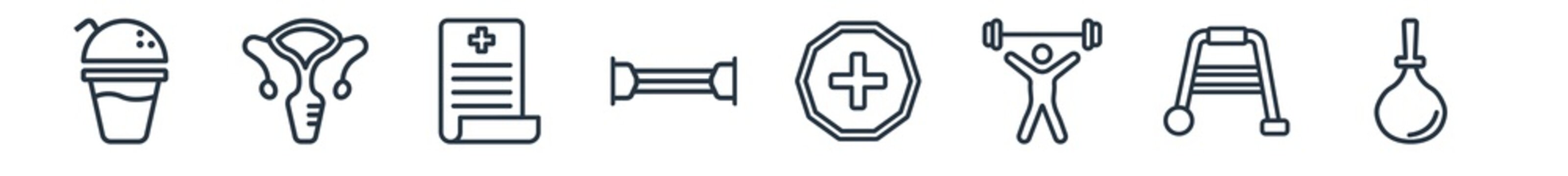 linear set of health and medical outline icons. line vector icons such as juice, gynecology, medical result, chest expander, medical, enema vector illustration.