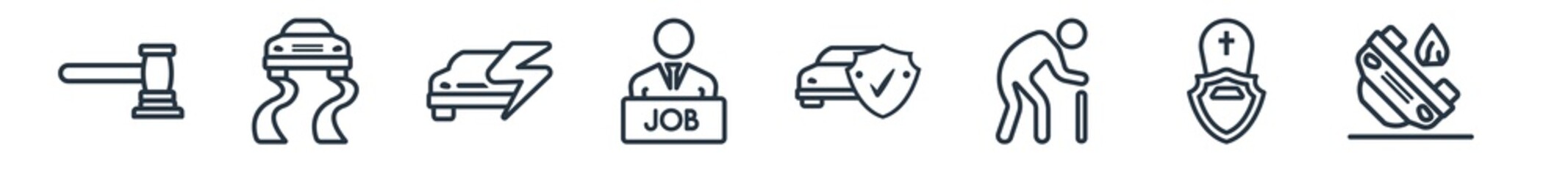 linear set of insurance outline icons. line vector icons such as legal expenses, slippery road, problem electric, unemployed, repair, accident vector illustration.