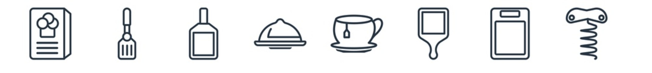linear set of kitchen outline icons. line vector icons such as recipe, paddle, cutting board, platter, tea cup, corkscrew vector illustration.