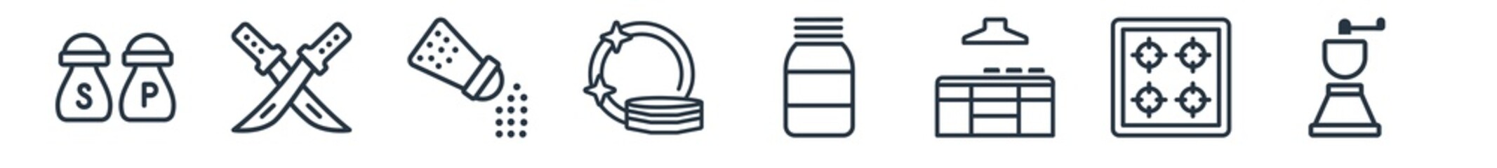 linear set of kitchen outline icons. line vector icons such as salt and pepper, knives, seasoning, dishes, jar, coffee grinder vector illustration.