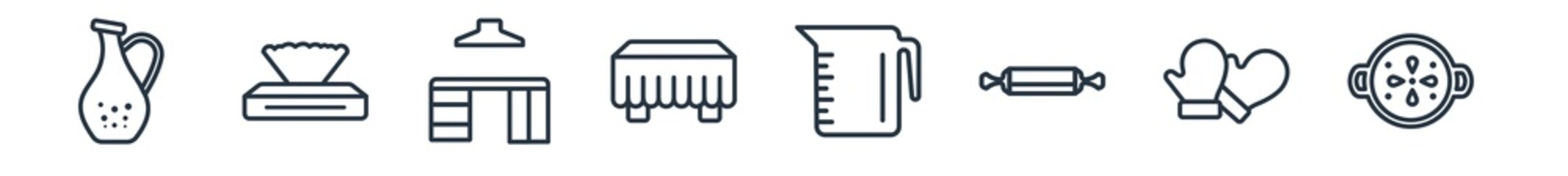 linear set of kitchen outline icons. line vector icons such as olive oil, napkin, kitchen cabinet, tablecloth, measuring cup, paella vector illustration.