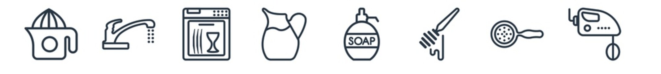 linear set of kitchen outline icons. line vector icons such as squeezer, kitchen tap, dishwasher, pitcher, liquid soap, mixer vector illustration.