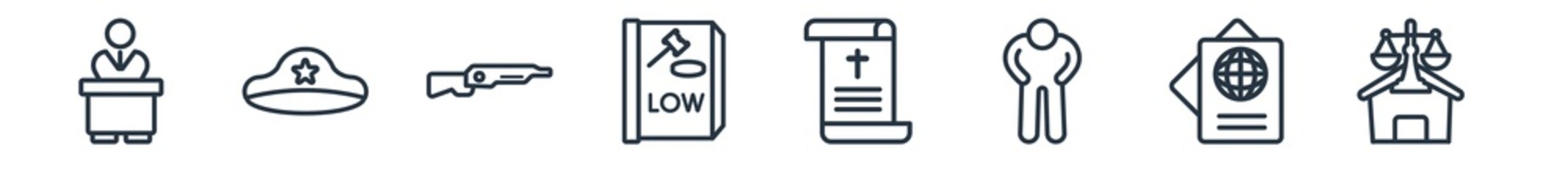 Fototapeta premium linear set of law and justice outline icons. line vector icons such as counsel, police hat, shotgun, constitutional law, death certificate, real estate law vector illustration.
