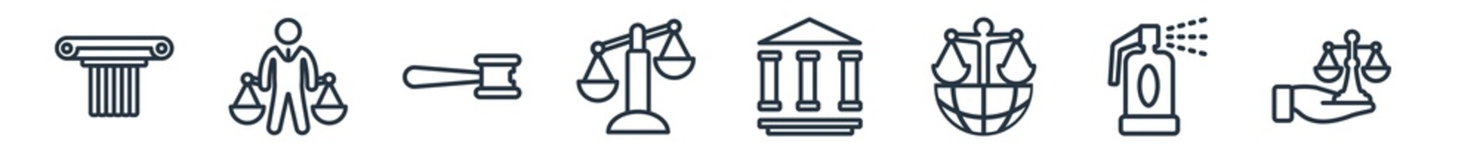 linear set of law and justice outline icons. line vector icons such as roman law, business law, gavel, adminstrative and justice, justice scales in hand vector illustration.