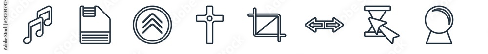 Poster linear set of user interface outline icons. line vector icons such as musical, floppy disk save butt
