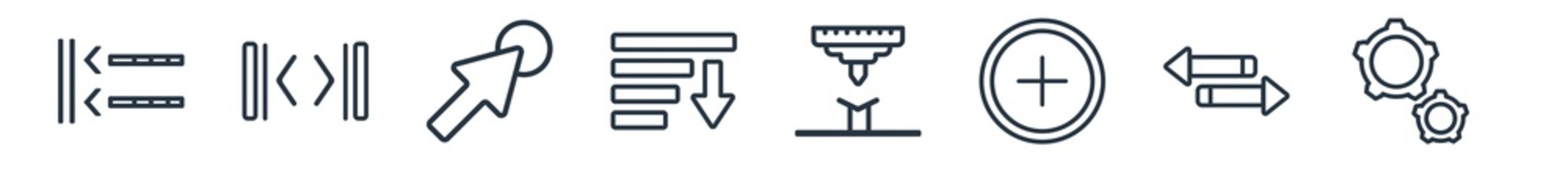 Fototapeta premium linear set of user interface outline icons. line vector icons such as slim right, gap, mouse cursor, sorting, bending, settings cogwheel button vector illustration.