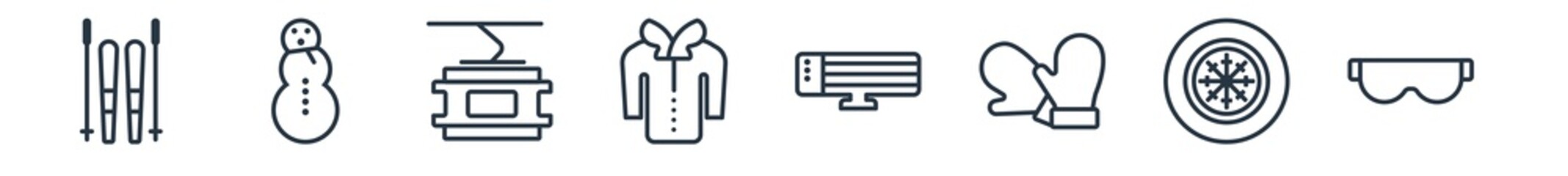 linear set of winter outline icons. line vector icons such as ski equiptment, snowman, ski lift, coat, electric heater, goggles vector illustration.