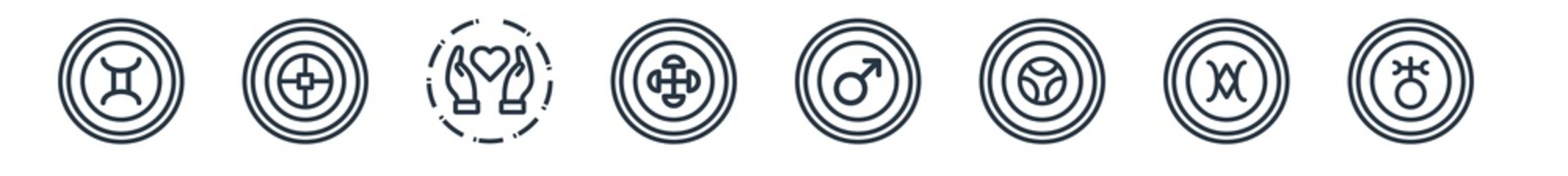 linear set of zodiac outline icons. line vector icons such as gemini, ingenuity, loyalty, understanding, mars, antimony vector illustration.