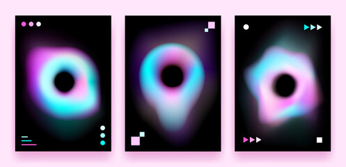 Set of posters with abstract distorted splashes on black background. Minimal vector holographic gradient design for covers and banners.