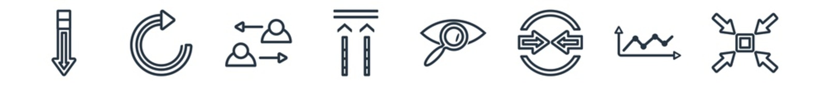 linear set of user interface outline icons. line vector icons such as bottom arrows, refresh page arrow button, exchange personel, slim up, viewer, uce vector illustration.