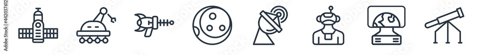 Poster linear set of astronomy outline icons. line vector icons such as space module, space robot, gun blas