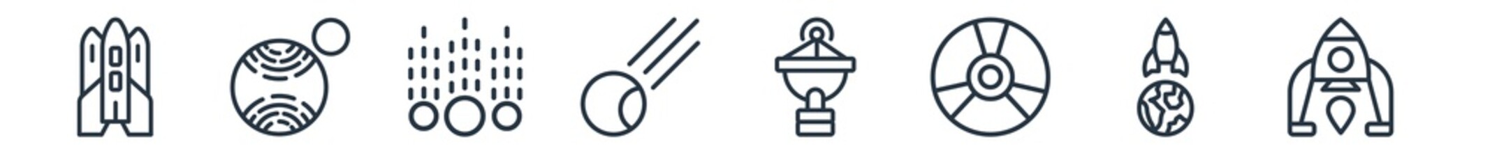 linear set of astronomy outline icons. line vector icons such as launching shuttle, neptune with satellite, meteor shower, comet, radar pointing up, lander vector illustration. © Premium Art