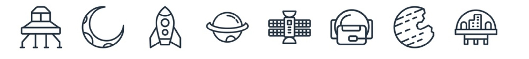 linear set of astronomy outline icons. line vector icons such as space lander, half moon, space rocket, saturn, international space station, colony vector illustration.