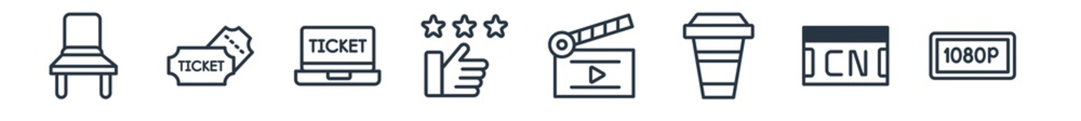 linear set of cinema outline icons. line vector icons such as cinema seats, two movie tickets, buy tickets online, thumb up with star, movie clapper open, 1080p full hd vector illustration.